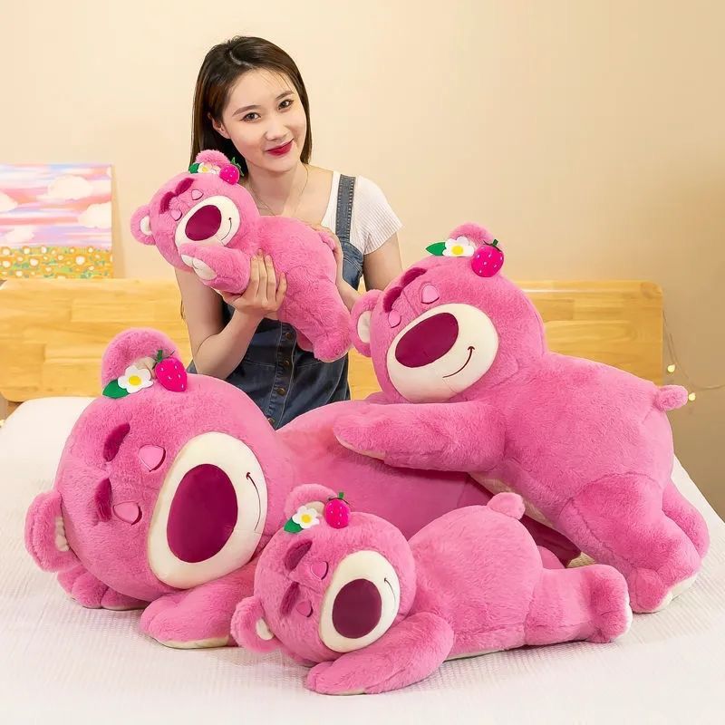 Strawberry Bear Pink Plush Toy - Cute Lotso Sleeping Bear Pillow Cushion for Girlfriend’s Birthday Gift