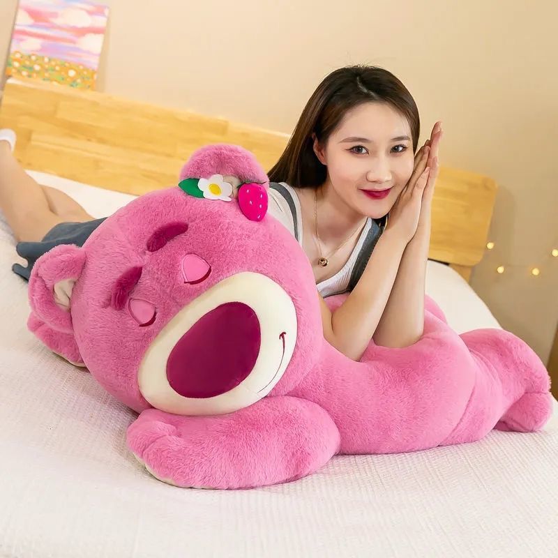 Strawberry Bear Pink Plush Toy - Cute Lotso Sleeping Bear Pillow Cushion for Girlfriend’s Birthday Gift