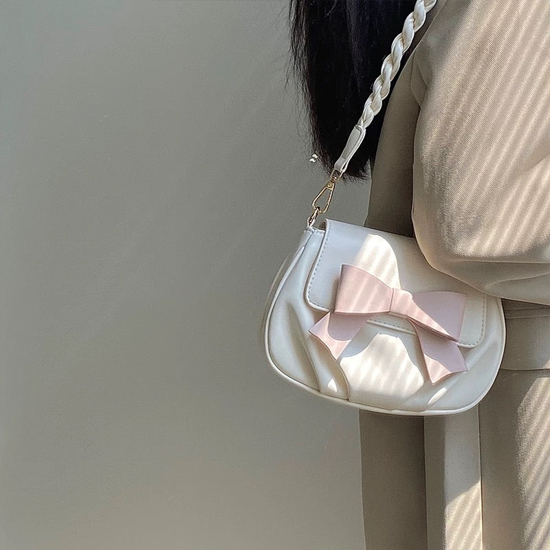 Spring  pleated cloud pink bow soft leather portable crossbody bag