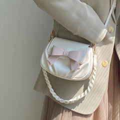 Spring  pleated cloud pink bow soft leather portable crossbody bag