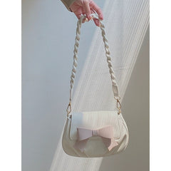 Spring  pleated cloud pink bow soft leather portable crossbody bag