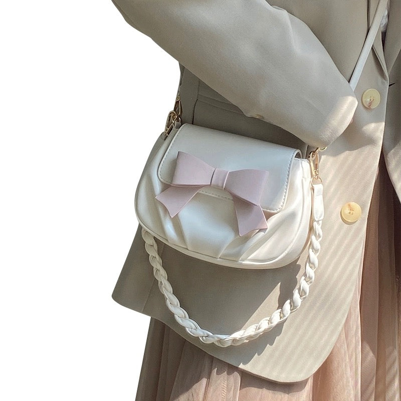 Spring  pleated cloud pink bow soft leather portable crossbody bag