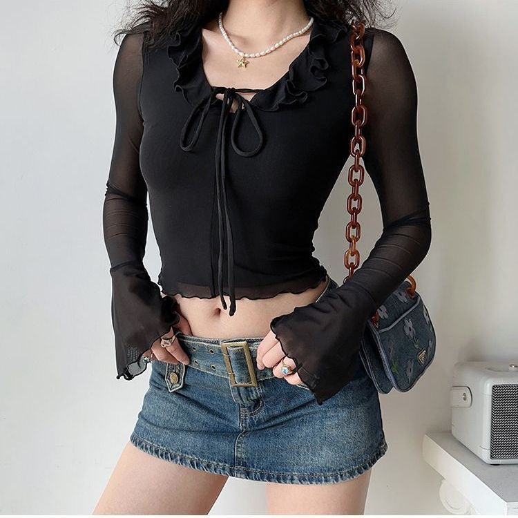 V-neck ruffled lace-up black mesh long-sleeved feminine slim crop top