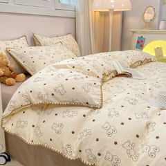 Charming Tulip & Mini Bear Cartoon Lightweight Quilt With Tassel Lace Trim - Set of Bedsheets, Duvet Cover & Pillow case