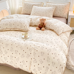 Charming Tulip & Mini Bear Cartoon Lightweight Quilt With Tassel Lace Trim - Set of Bedsheets, Duvet Cover & Pillow case