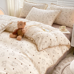 Charming Tulip & Mini Bear Cartoon Lightweight Quilt With Tassel Lace Trim - Set of Bedsheets, Duvet Cover & Pillow case