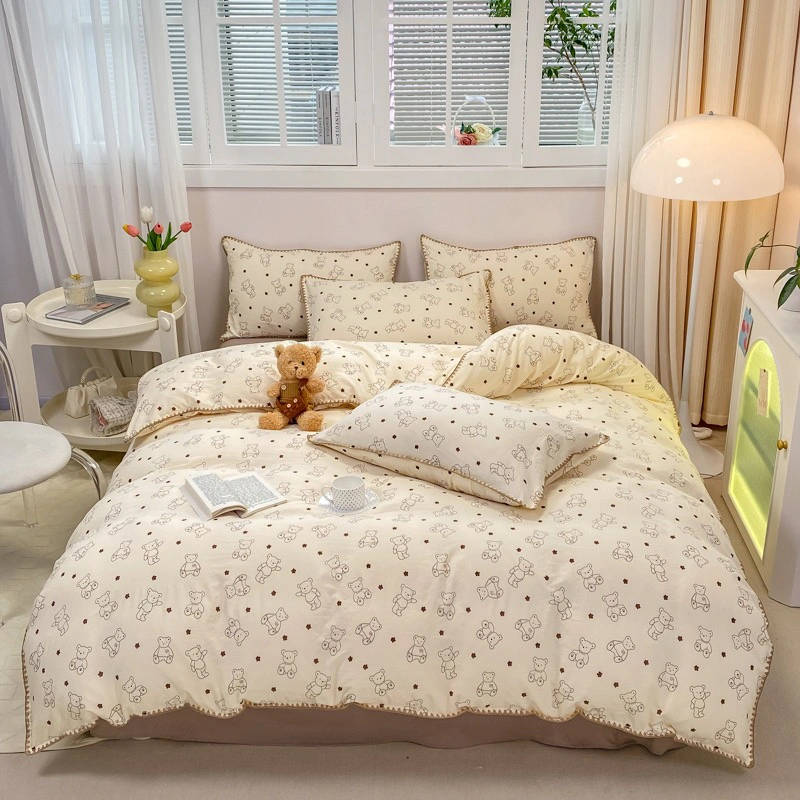 Charming Tulip & Mini Bear Cartoon Lightweight Quilt With Tassel Lace Trim - Set of Bedsheets, Duvet Cover & Pillow case