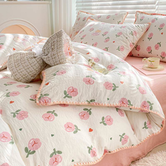 Charming Tulip & Mini Bear Cartoon Lightweight Quilt With Tassel Lace Trim - Set of Bedsheets, Duvet Cover & Pillow case