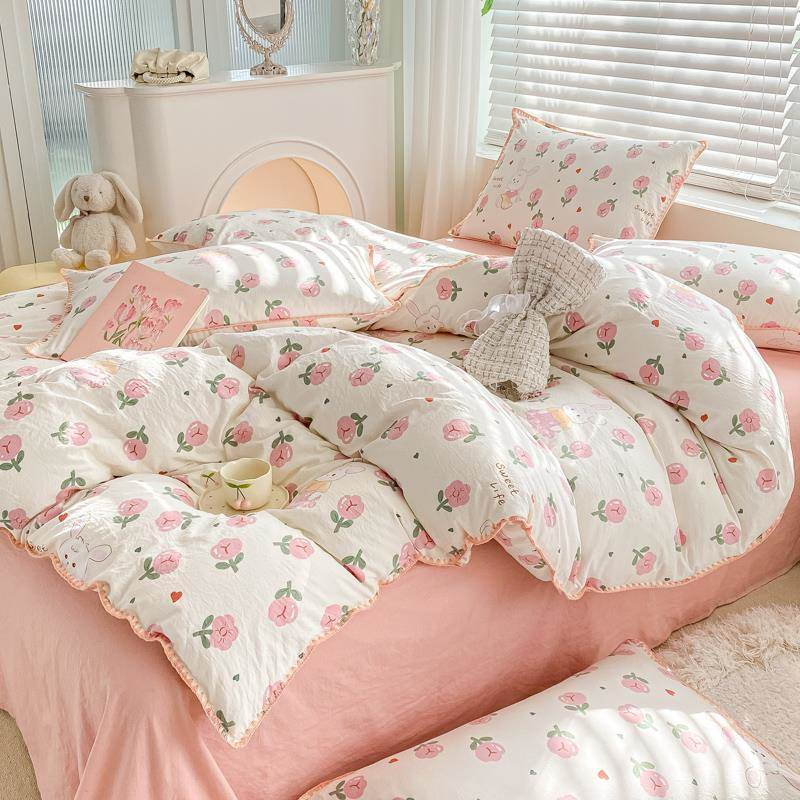 Charming Tulip & Mini Bear Cartoon Lightweight Quilt With Tassel Lace Trim - Set of Bedsheets, Duvet Cover & Pillow case