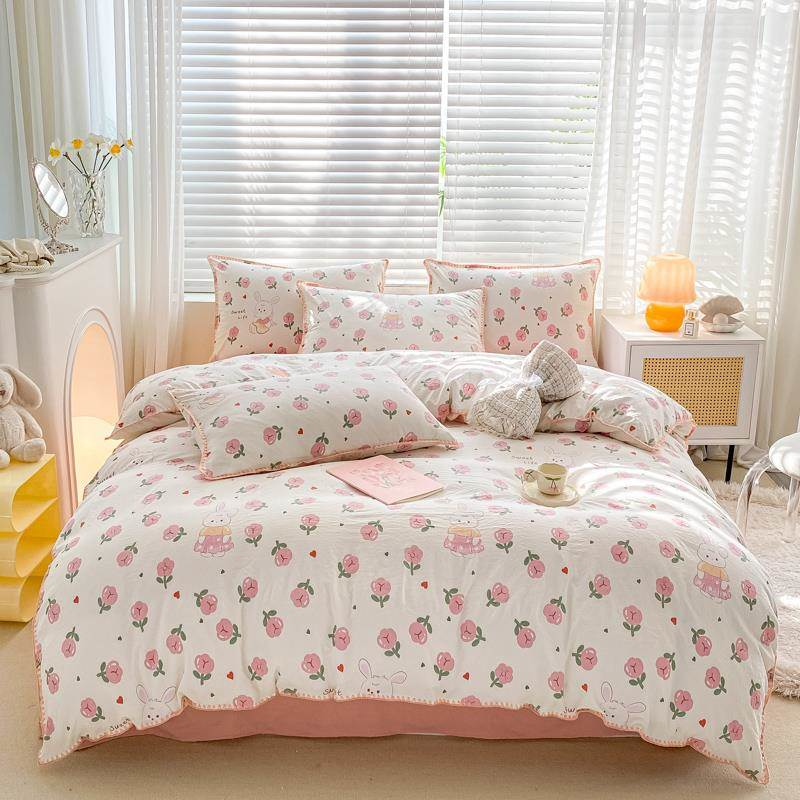 Charming Tulip & Mini Bear Cartoon Lightweight Quilt With Tassel Lace Trim - Set of Bedsheets, Duvet Cover & Pillow case