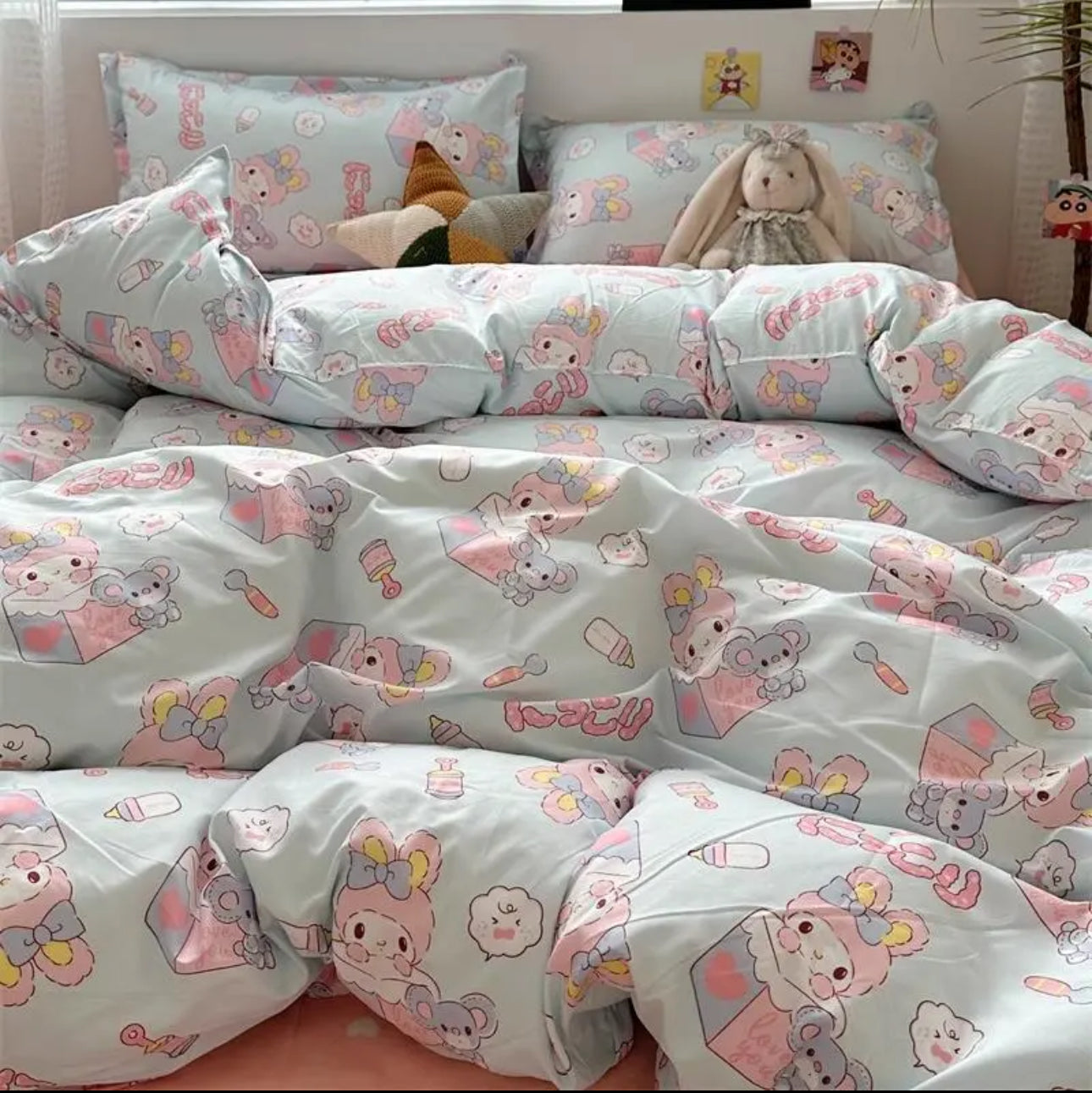 Korean Cute Bunny blue washed cotton bed sheets and quilt cover set super soft bedding’s