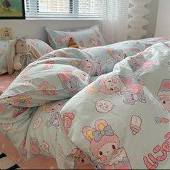 Korean Cute Bunny blue washed cotton bed sheets and quilt cover set super soft bedding’s