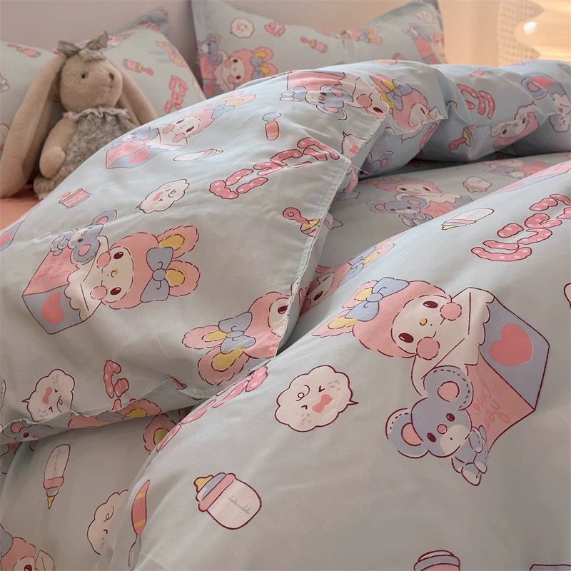 Korean Cute Bunny blue washed cotton bed sheets and quilt cover set super soft bedding’s