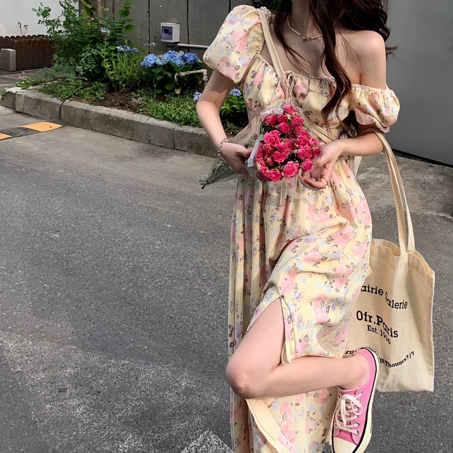 Sweet and gentle style lace-up square neck waist mid-length a-line floral dress