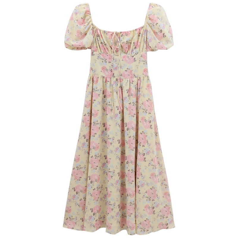 Sweet and gentle style lace-up square neck waist mid-length a-line floral dress