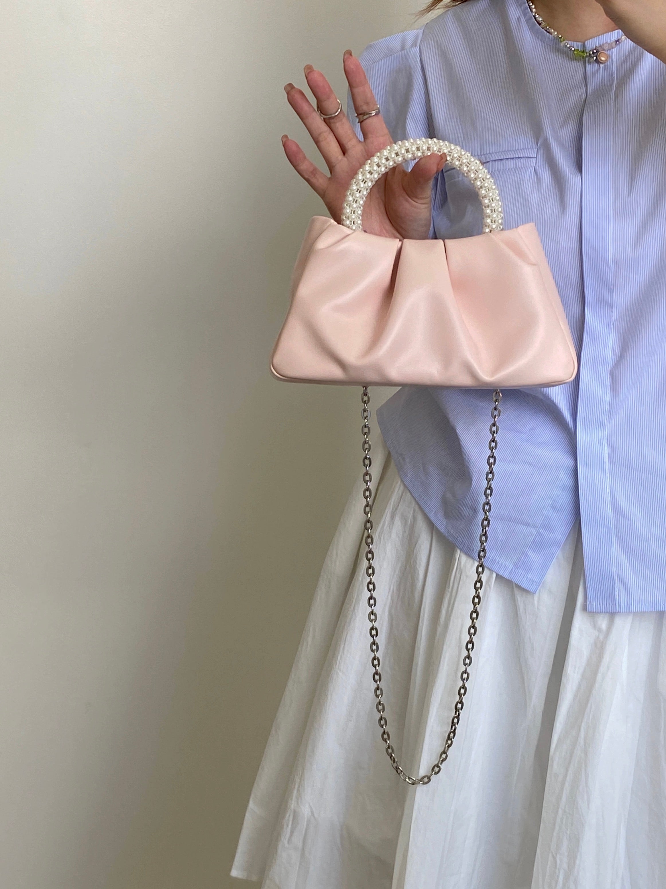 Pearl cute one-shoulder cross-body pink soft leather bag