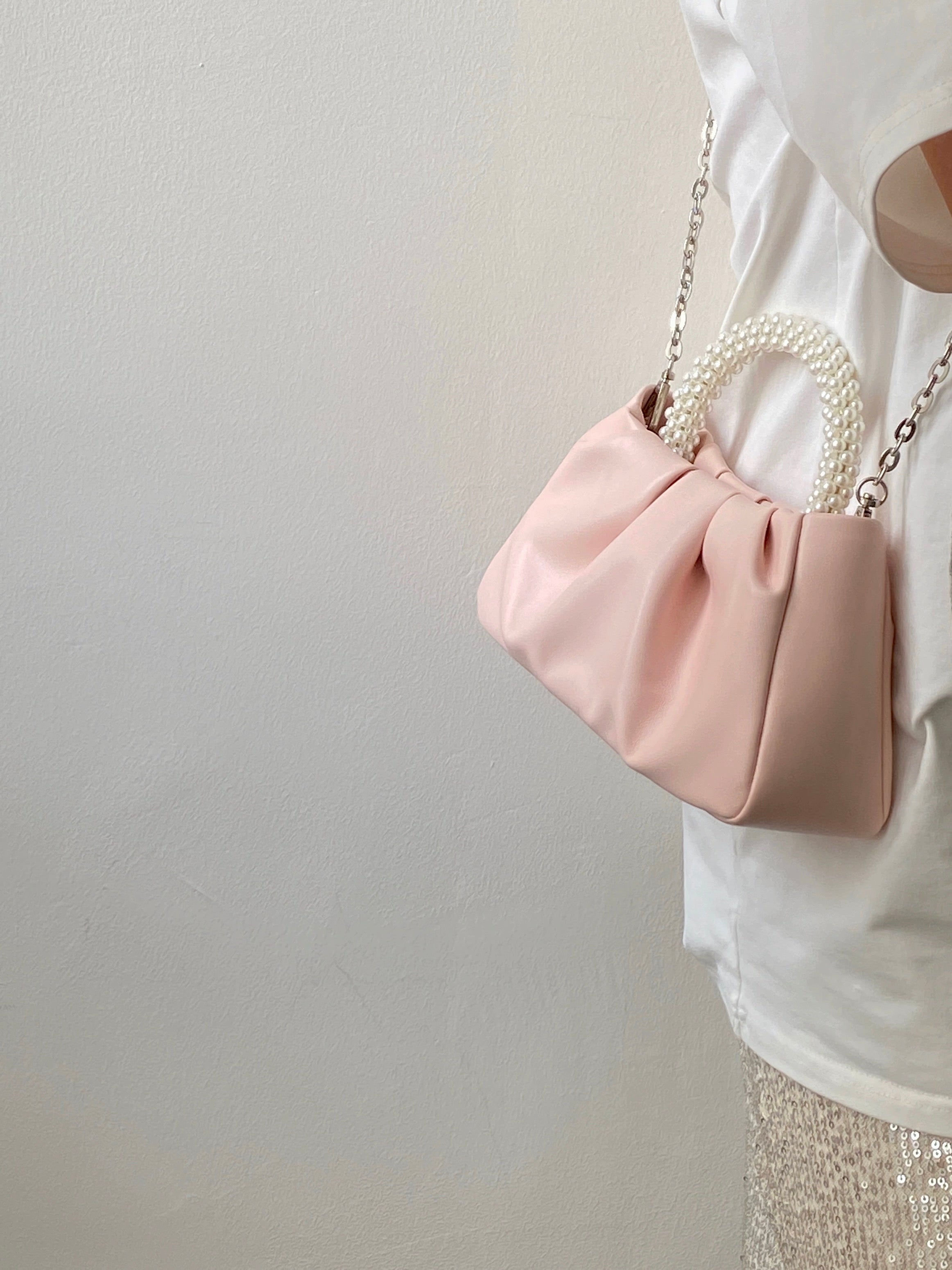 Pearl cute one-shoulder cross-body pink soft leather bag