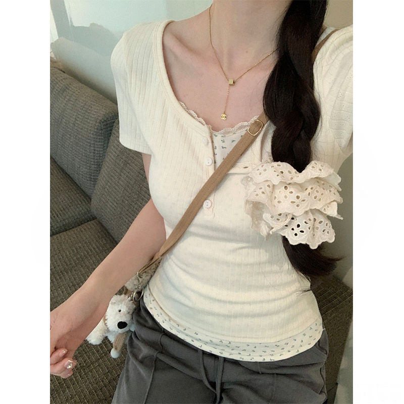 Floral lace fake two-piece short-sleeved slim fit hot girl short top