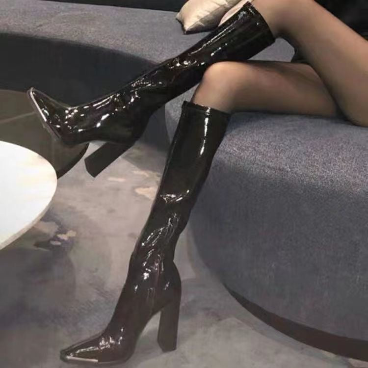 Glossy Square-Toe Knee-High Boots – Slim Fit Patent Leather Boots