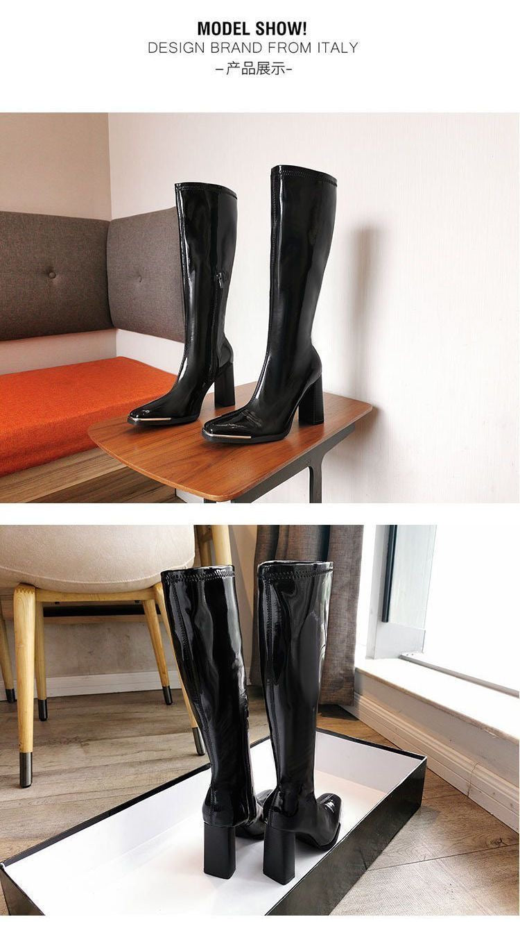 Glossy Square-Toe Knee-High Boots – Slim Fit Patent Leather Boots