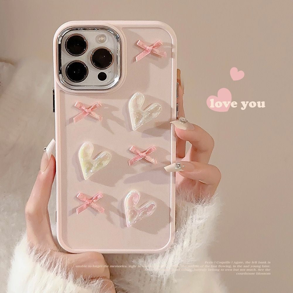 3D Pink Heart Bow iPhone Case – Electroplated Soft Cover