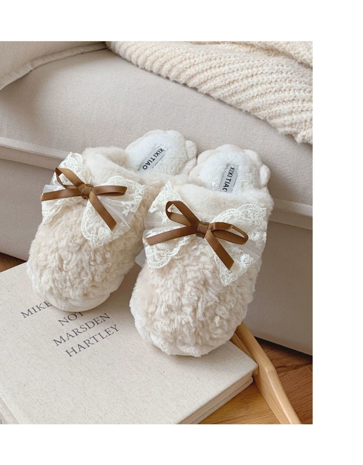 Women's Winter Bow Cotton Slippers – Warm, Non-Slip, Thick-Soled Indoor Shoes