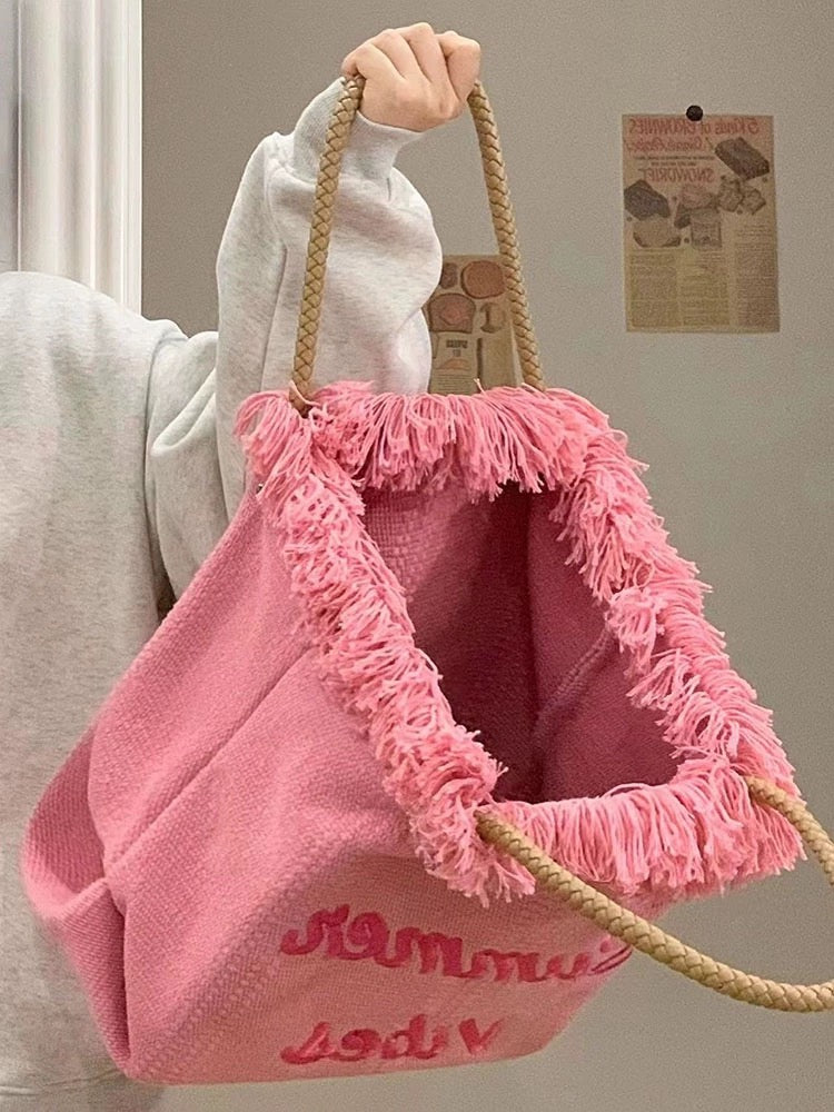 Tassel woven canvas embroidered letters versatile shoulder tote bag