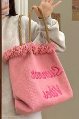 Tassel woven canvas embroidered letters versatile shoulder tote bag