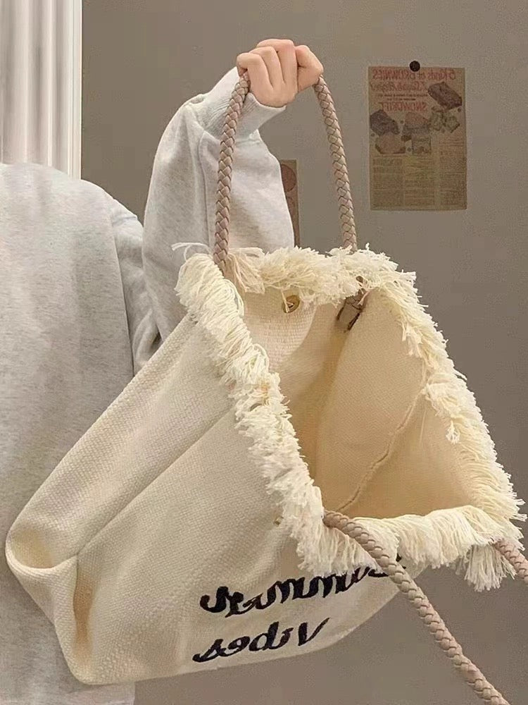 Tassel woven canvas embroidered letters versatile shoulder tote bag