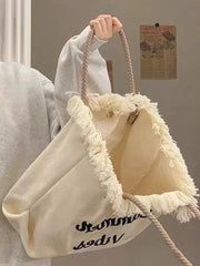 Tassel woven canvas embroidered letters versatile shoulder tote bag