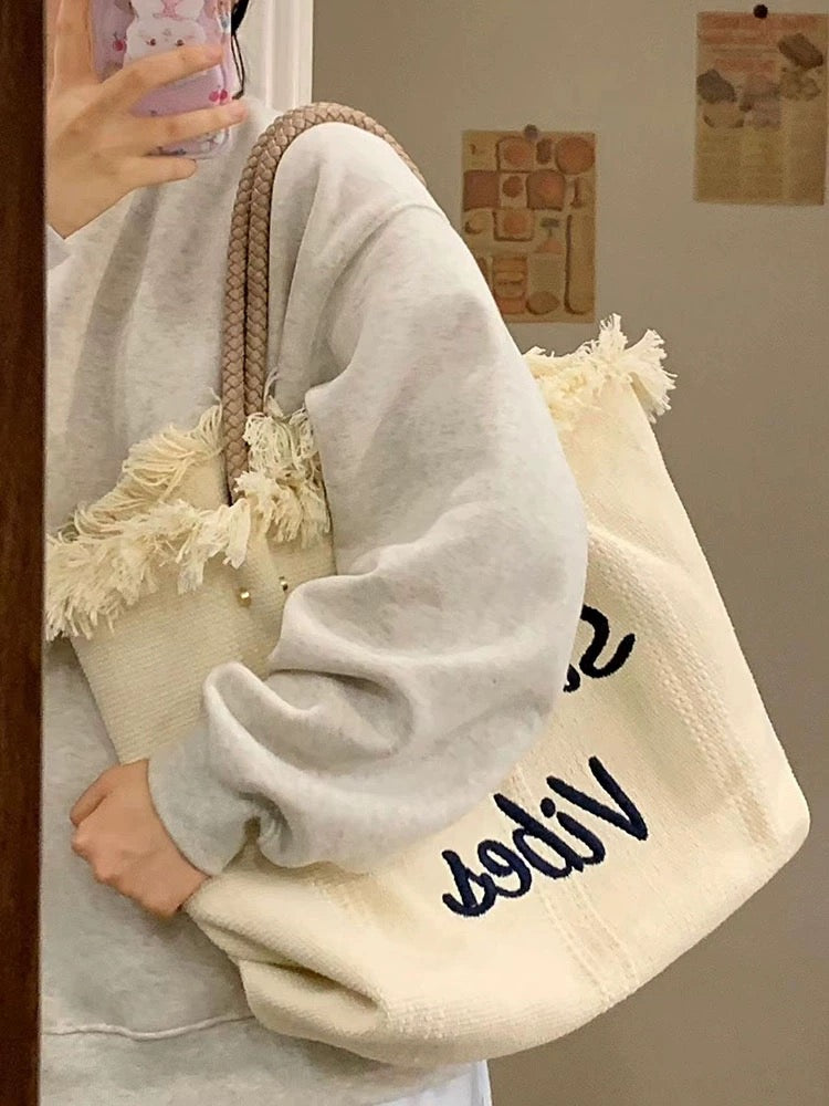 Tassel woven canvas embroidered letters versatile shoulder tote bag