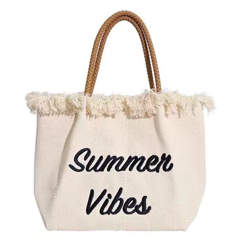 Tassel woven canvas embroidered letters versatile shoulder tote bag