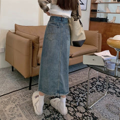 Denim high waist slim fit slit a-line long skirt