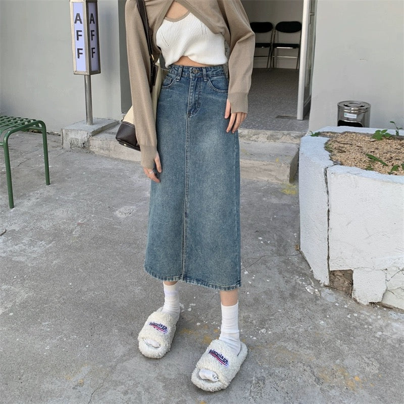 Denim high waist slim fit slit a-line long skirt