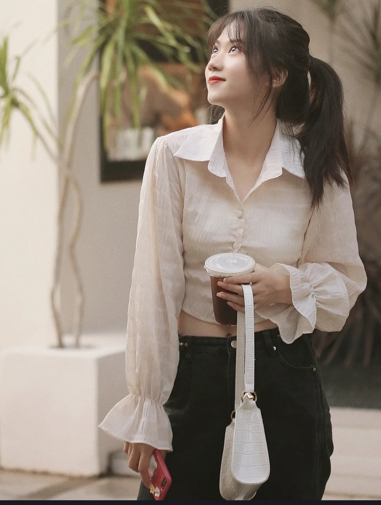 Hotties navel-baring shirt for Slim puff sleeve cropped Shirt