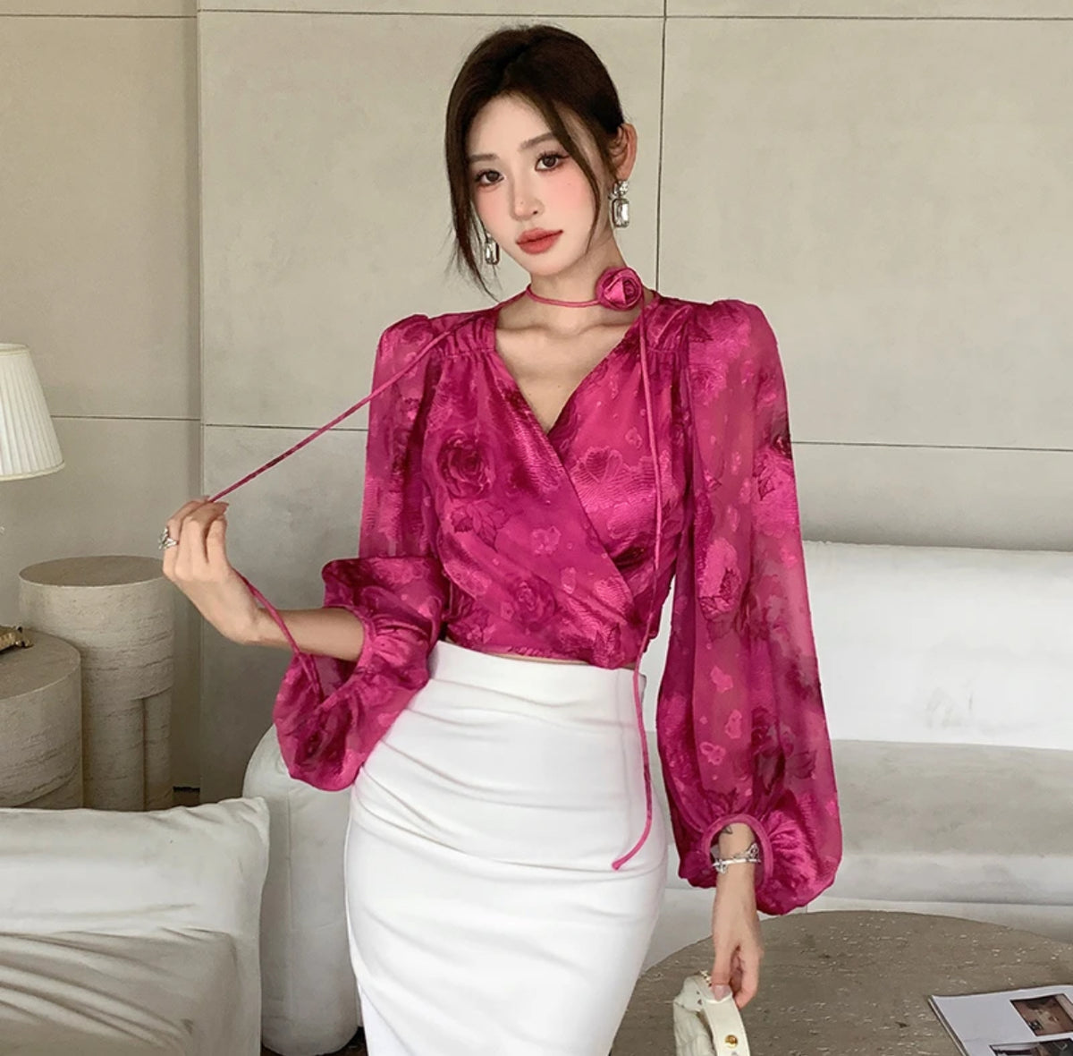 French floral v-neck long-sleeved summer rose red puff-sleeved shirt slim short top