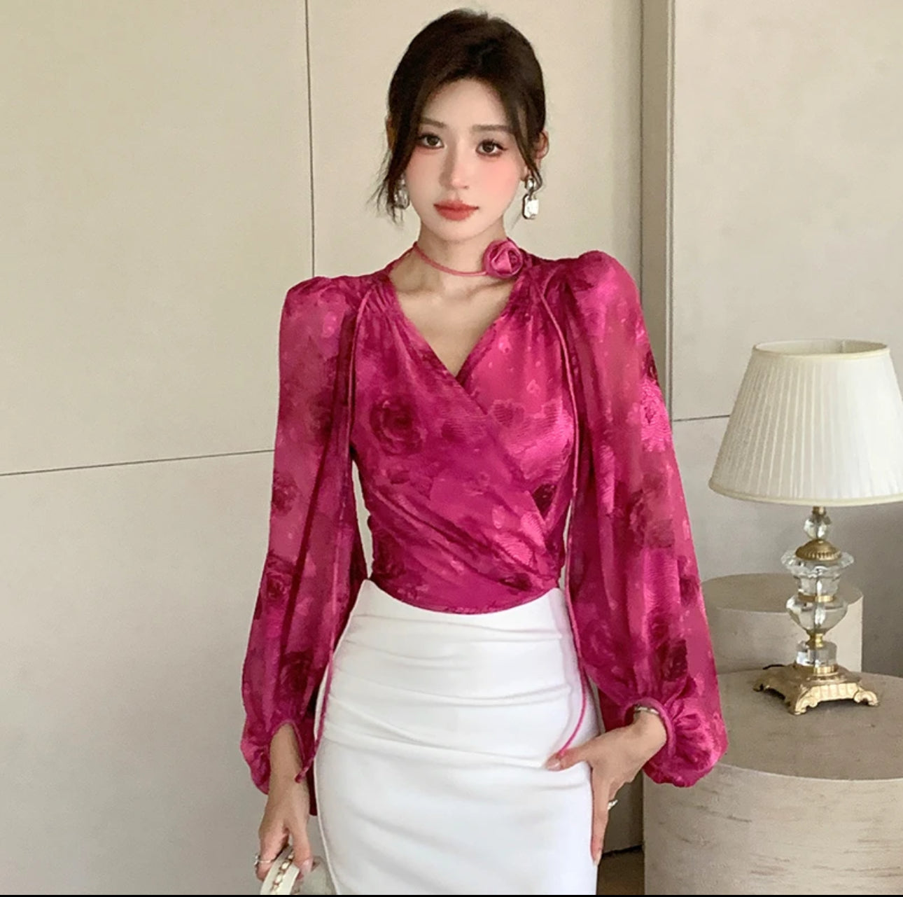 French floral v-neck long-sleeved summer rose red puff-sleeved shirt slim short top