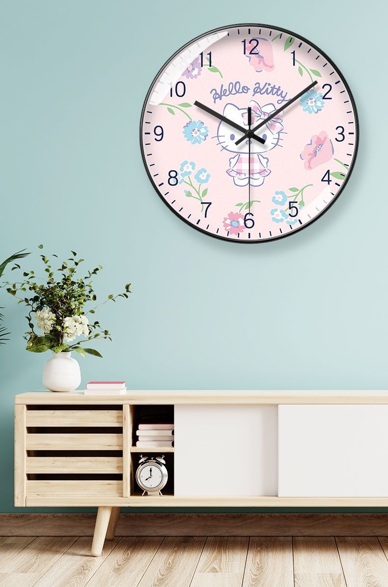 Cute Hello Kitty wall clock for children's room, fun quartz clock for kids' room, small fresh cartoon design, no-drill installation