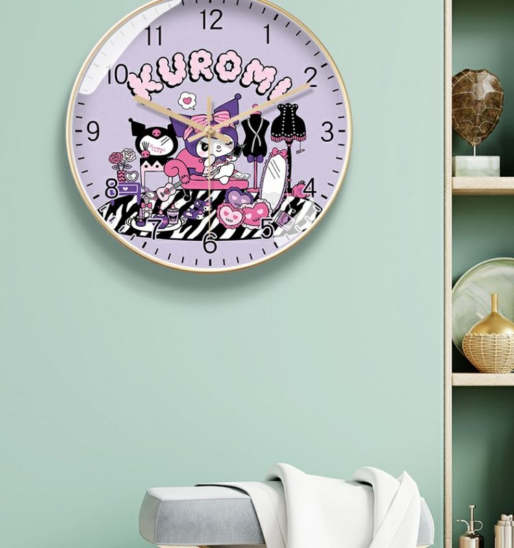 Cute Kuromi wall clock, cartoon design for children's room, small fresh style, adorable bedroom clock for students and study, quartz clock.