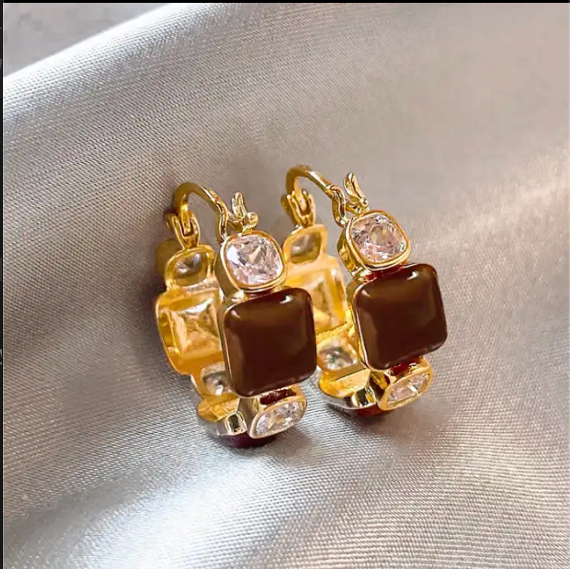 Retro Maillard style unique tiger eye stone earrings for women light luxury versatile high-end earrings