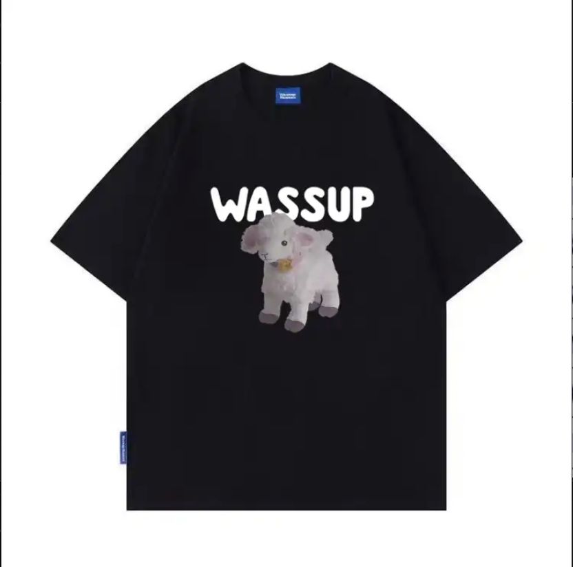 WASSUP little cute sheep heavyweight 270G pure cotton unisex loose T-shirt casual all-match half-sleeve Top