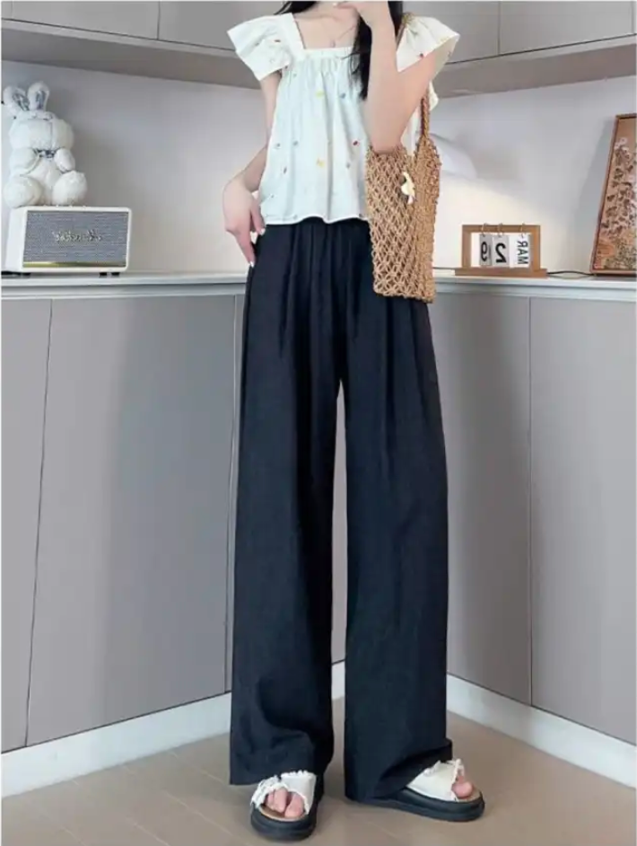 Korean Creamy White Textured Wide Leg Summer Pants High Waist Drape Milk Straight