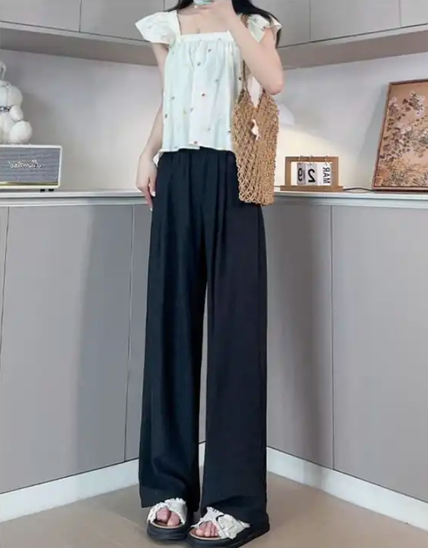 Korean Creamy White Textured Wide Leg Summer Pants High Waist Drape Milk Straight