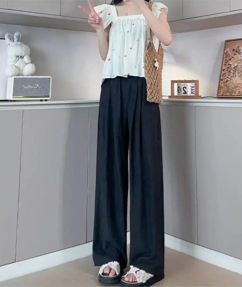 Korean Creamy White Textured Wide Leg Summer Pants High Waist Drape Milk Straight