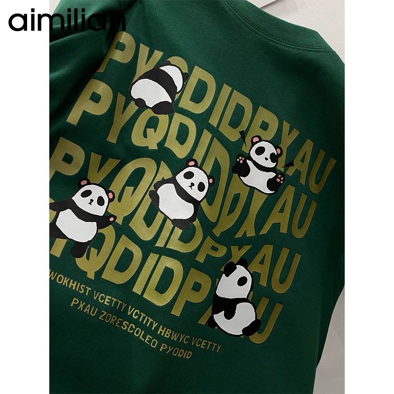 Green T-shirt cotton retro dark green ins cartoon print