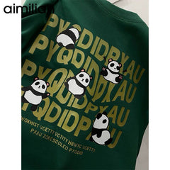 Green T-shirt cotton retro dark green ins cartoon print