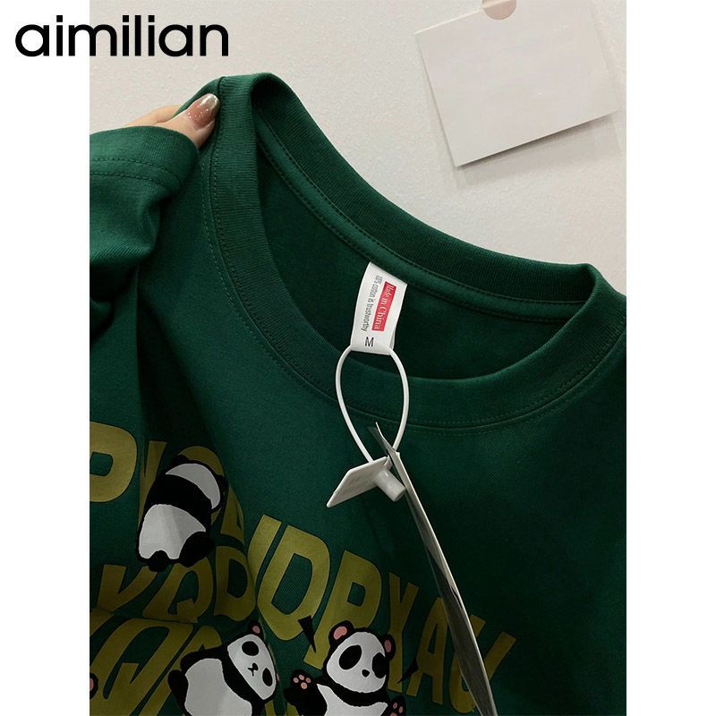 Green T-shirt cotton retro dark green ins cartoon print