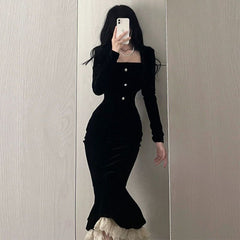 Black Velvet  Maxi Lace Dress For Ladies