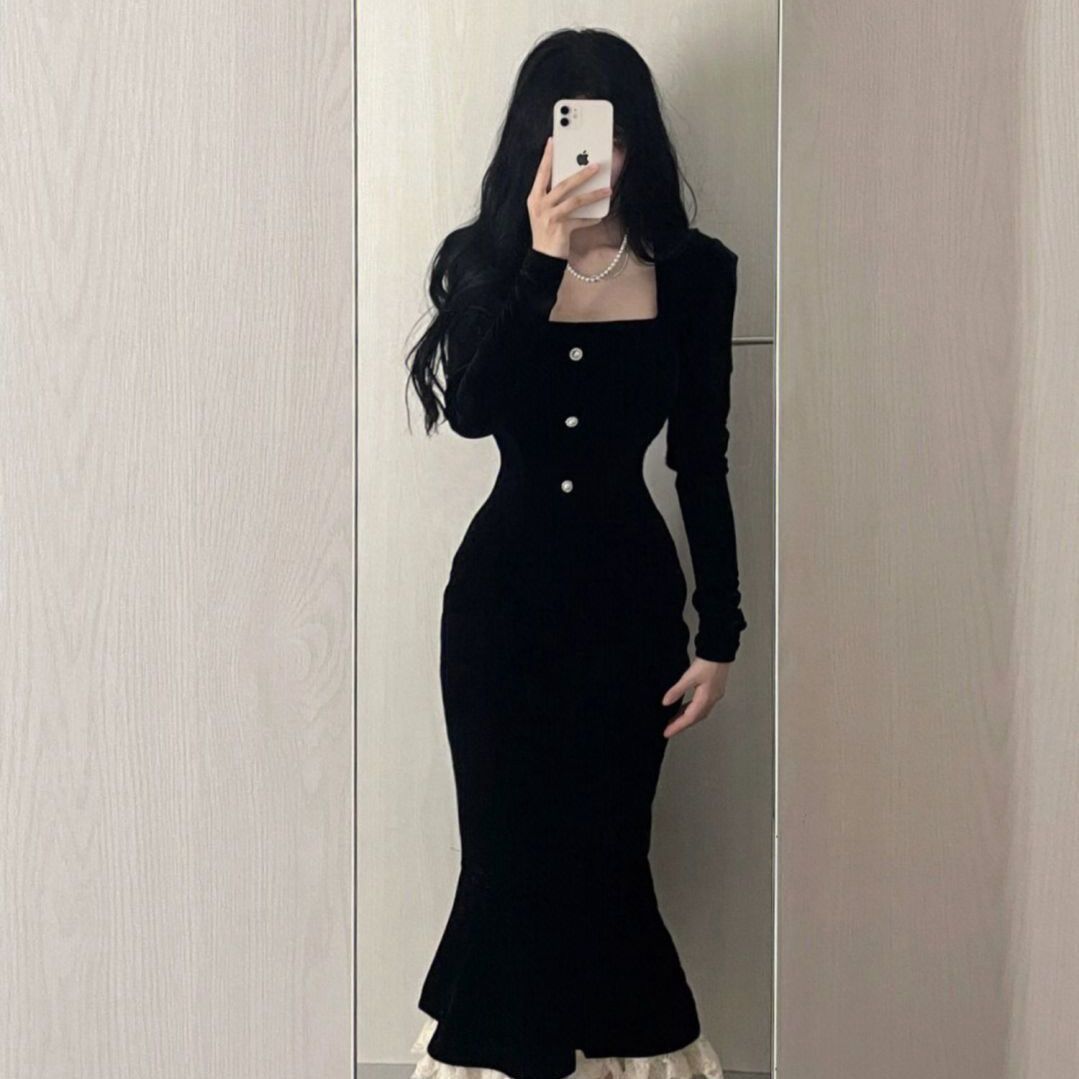 Black Velvet  Maxi Lace Dress For Ladies