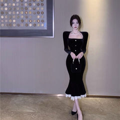 Black Velvet  Maxi Lace Dress For Ladies